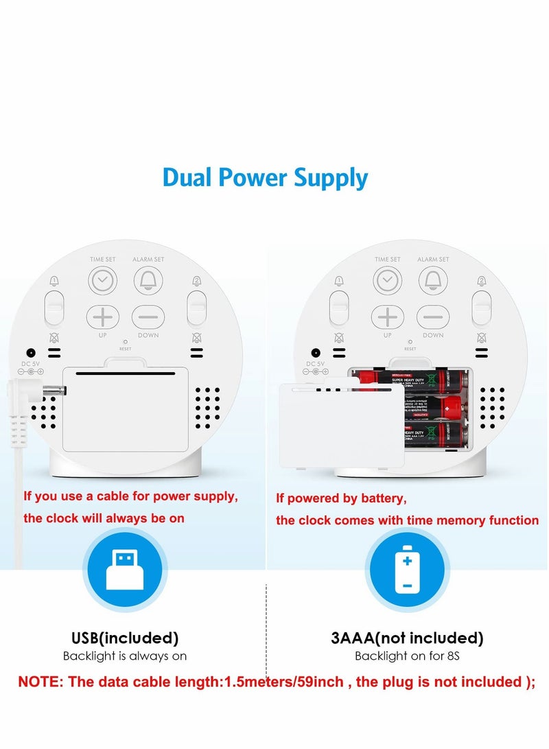 Small Digital Alarm Clock LED Desk Travel Corded Electric Battery Operated (Power Save After 8s) Dual Snooze Dimmable Day Set Week Display 4inch White