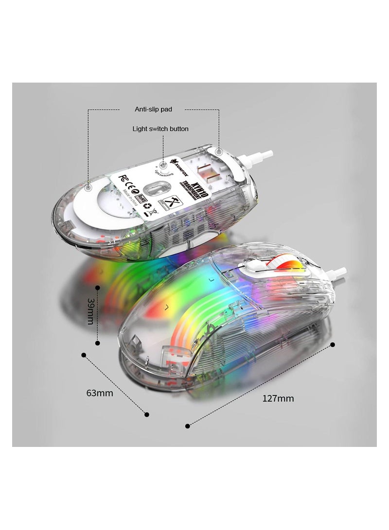 Clear Wired USB Gaming Mouse, Transparent Shell Computer Mice with 12800 Max DPI, 3D RGB Backlit, High Precision (White)