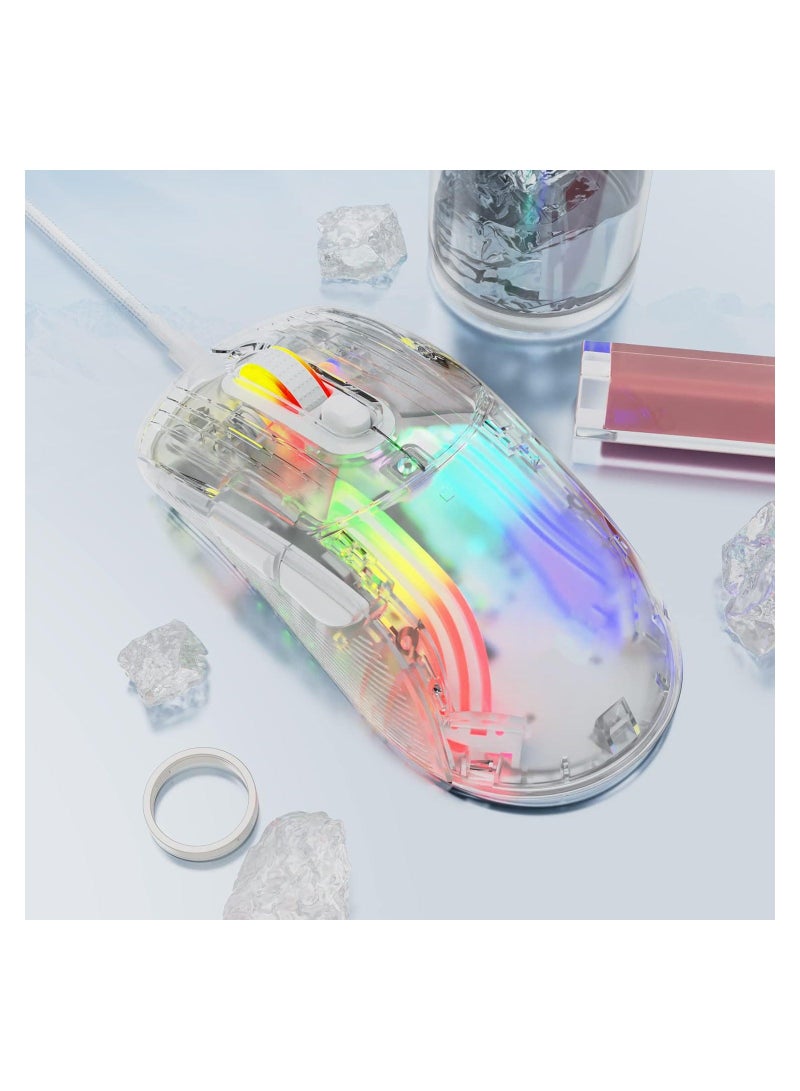 Clear Wired USB Gaming Mouse, Transparent Shell Computer Mice with 12800 Max DPI, 3D RGB Backlit, High Precision (White)