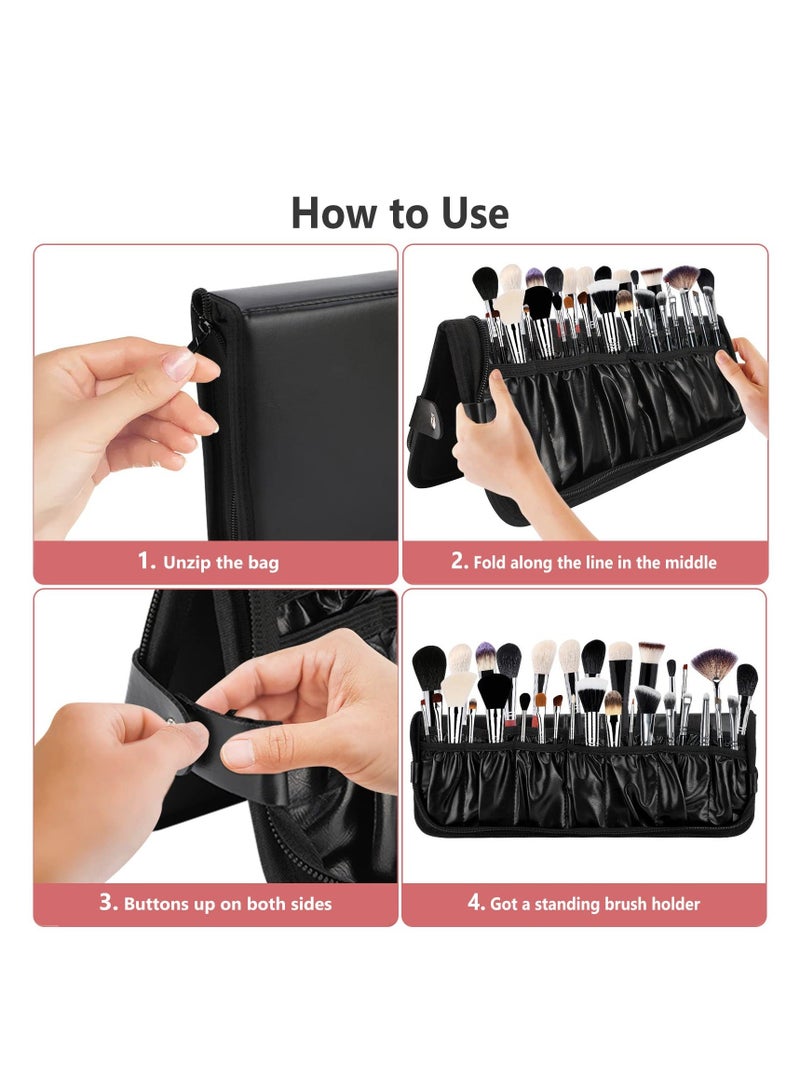 Makeup Brush Bag Organizer, Professional PU Leather Holder Foldable Travel Case Portable Zippered Handbag, Waterproof Cosmetic for Women Men Artist