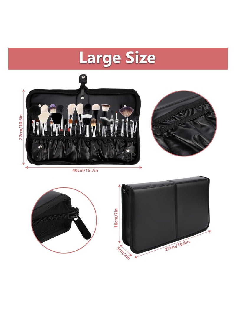 Makeup Brush Bag Organizer, Professional PU Leather Holder Foldable Travel Case Portable Zippered Handbag, Waterproof Cosmetic for Women Men Artist