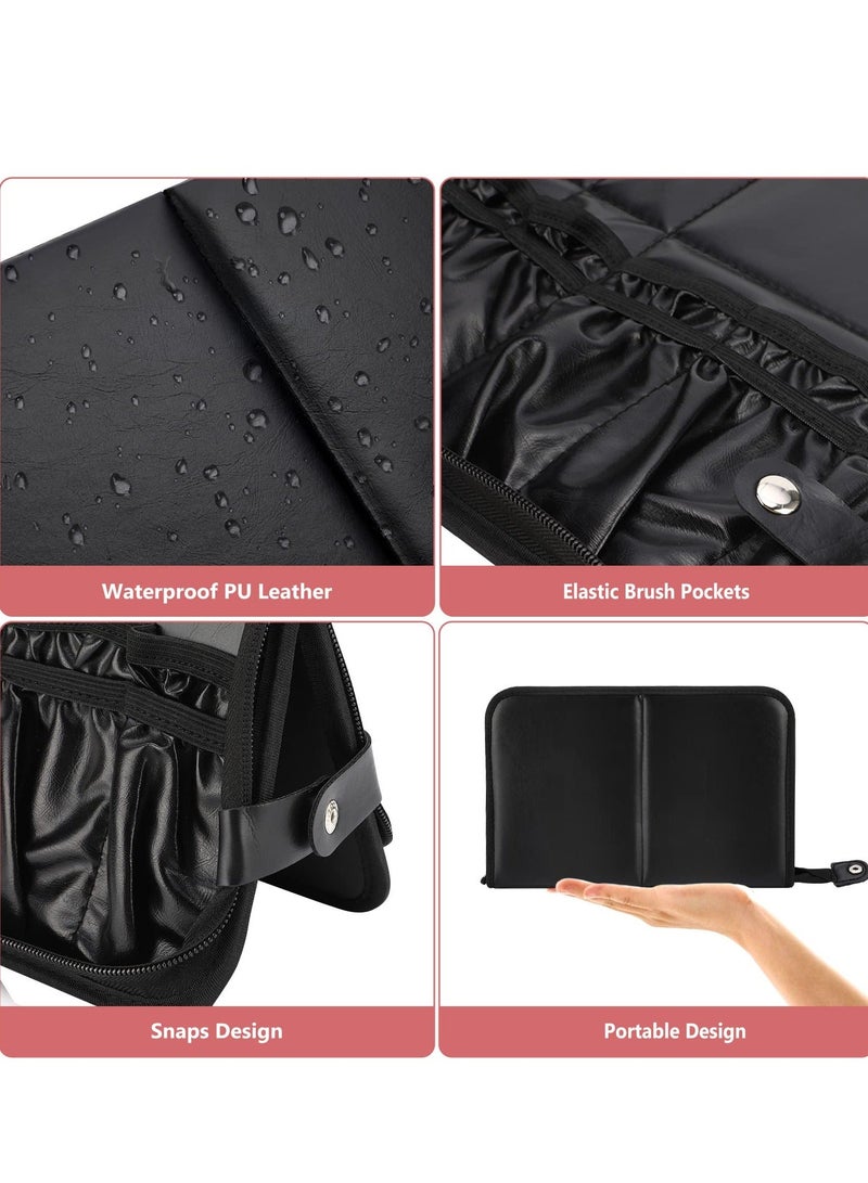 Makeup Brush Bag Organizer, Professional PU Leather Holder Foldable Travel Case Portable Zippered Handbag, Waterproof Cosmetic for Women Men Artist