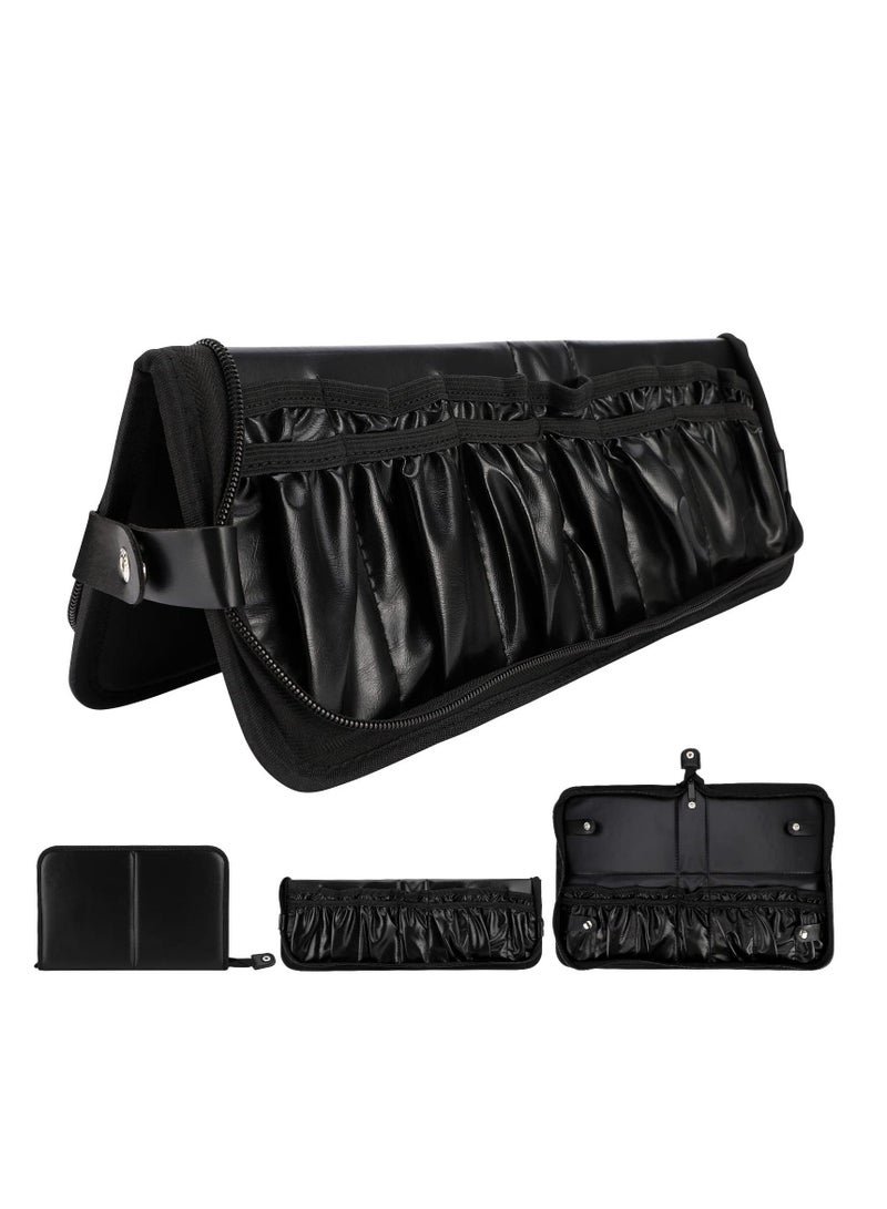 Makeup Brush Bag Organizer, Professional PU Leather Holder Foldable Travel Case Portable Zippered Handbag, Waterproof Cosmetic for Women Men Artist