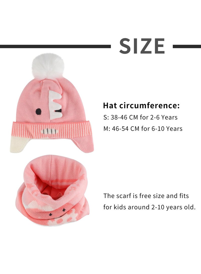 Winter Warm Bobble Hat with Ear Flaps and Scarf Set for Girls Age 6-10, Cute and Cozy Toddler Kids Hat, M Size