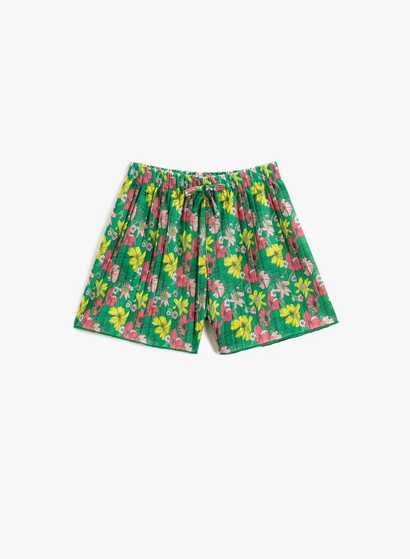 Floral Pleated Shorts Bow-Tie Detail Elastic Waistband