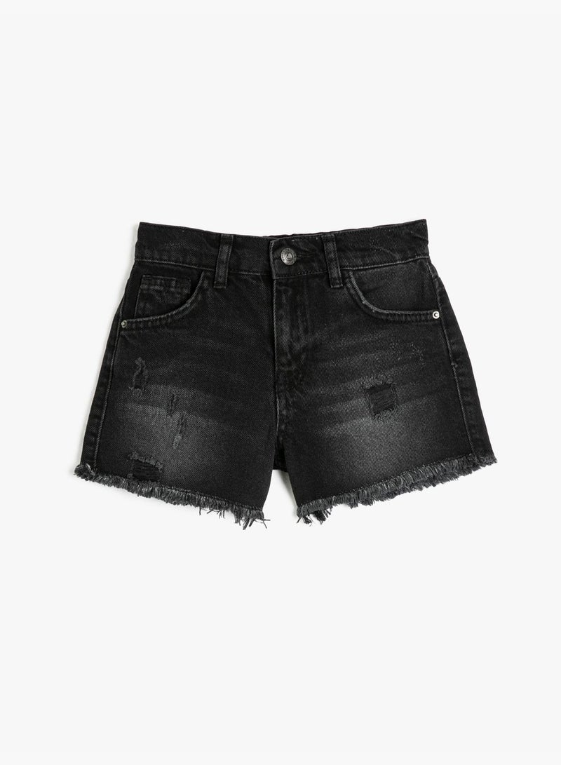 Ripped Denim Shorts Pocket Detailed Buttoned