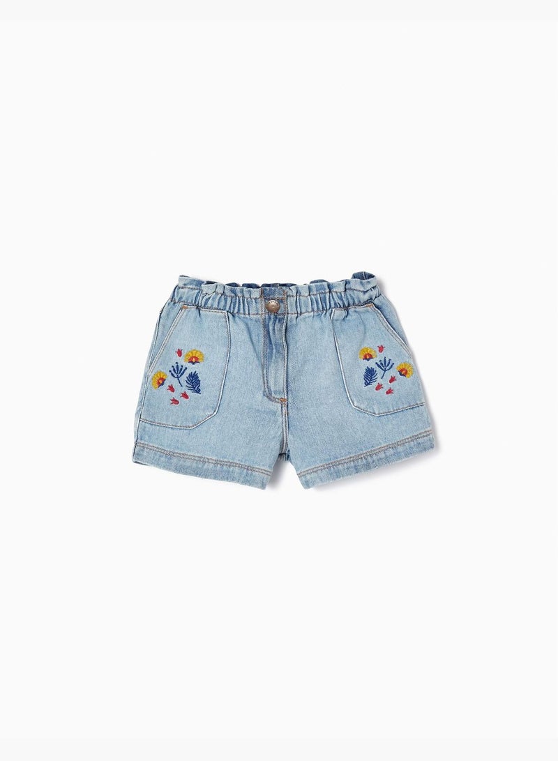 Zippy Denim Shorts With Embroidery For Baby Girls