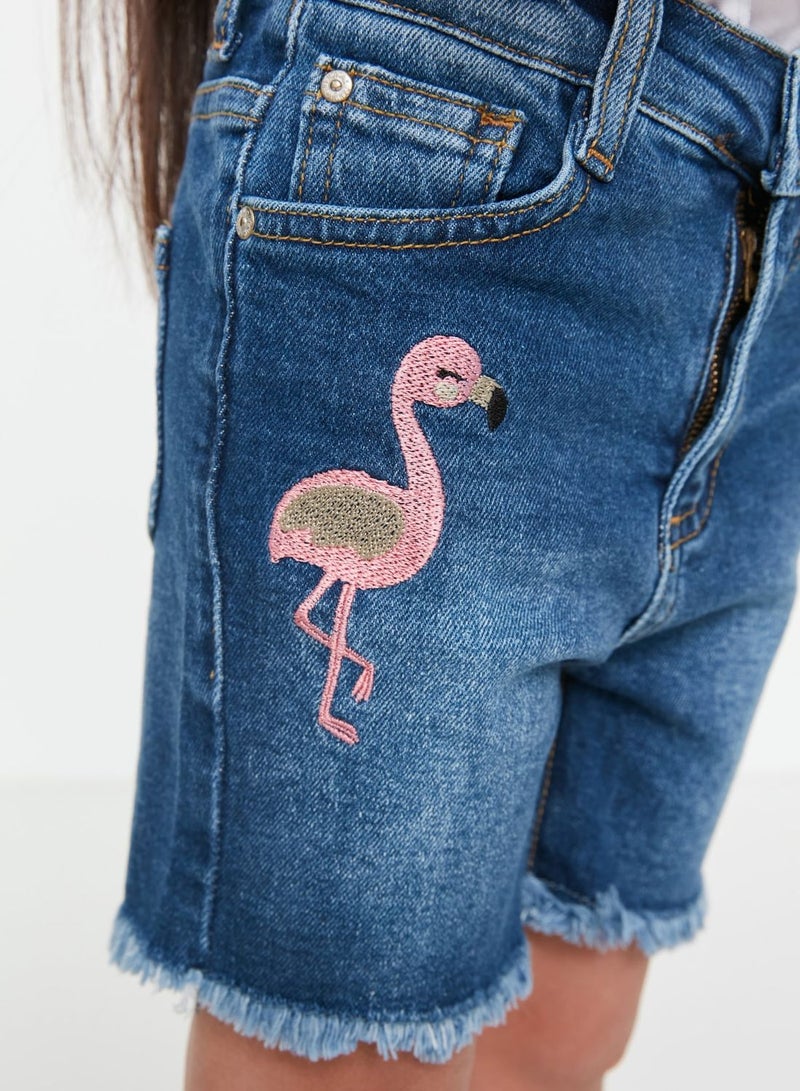 Kids Embroidered Flamingo Denim Shorts