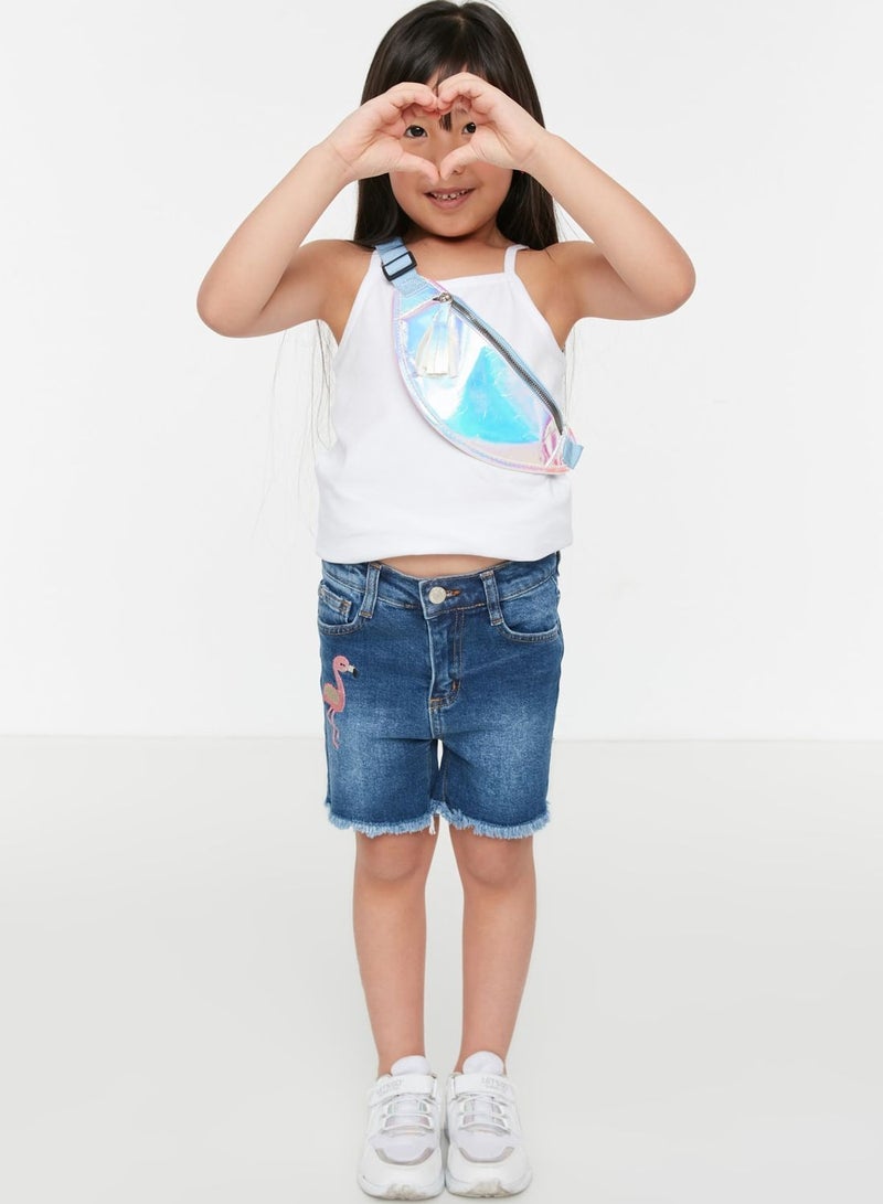Kids Embroidered Flamingo Denim Shorts