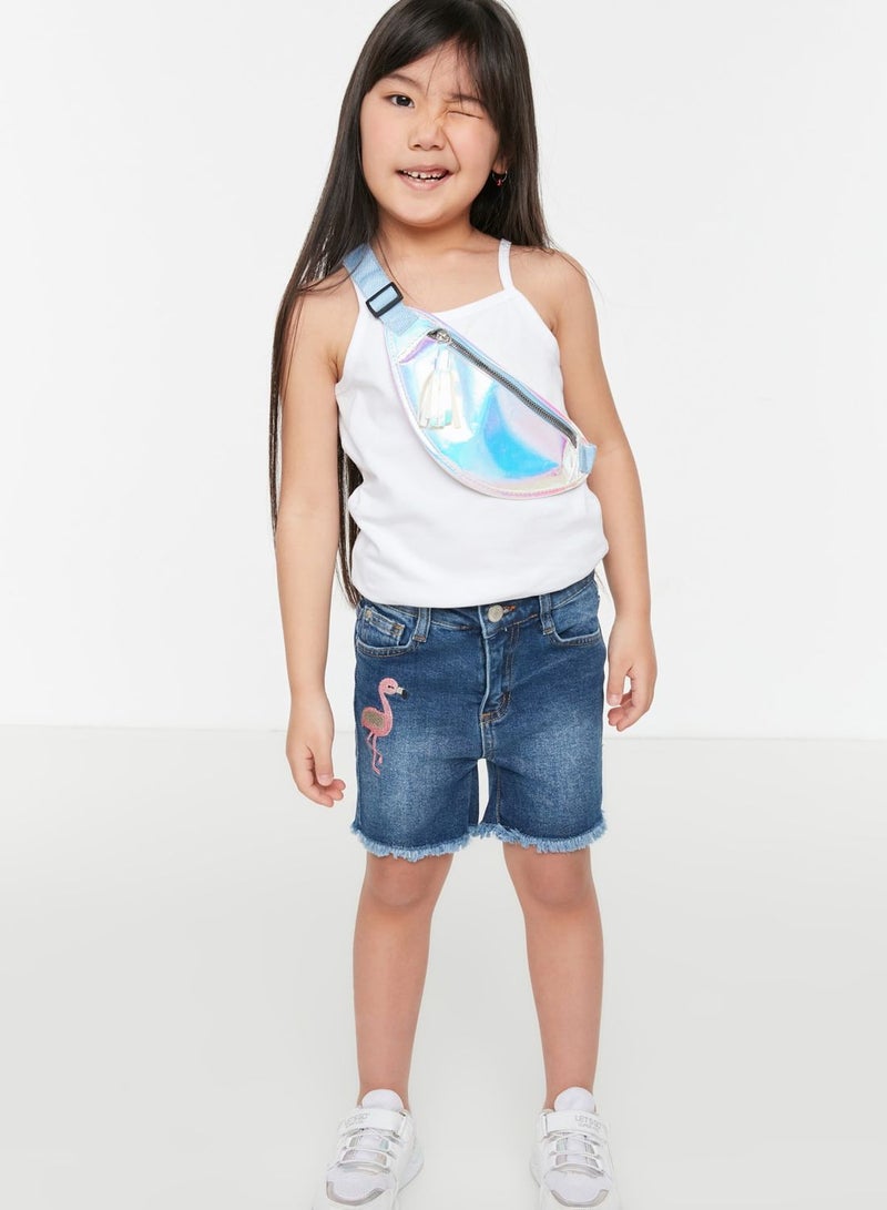 Kids Embroidered Flamingo Denim Shorts