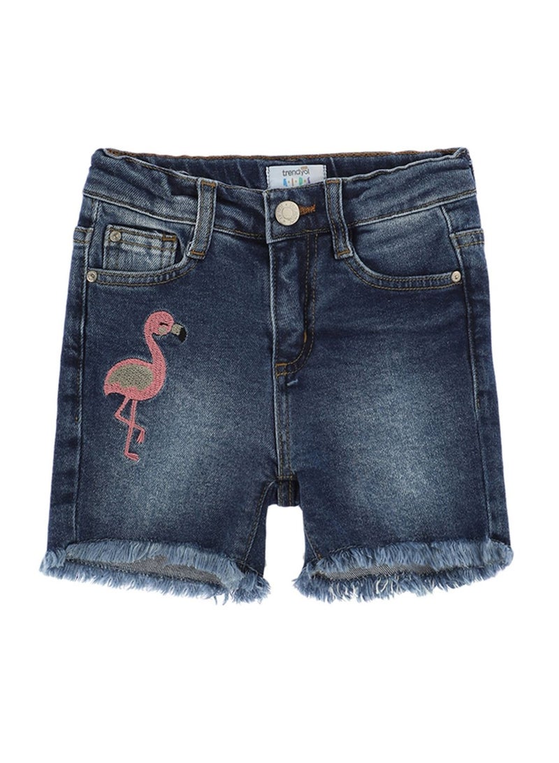 Kids Embroidered Flamingo Denim Shorts