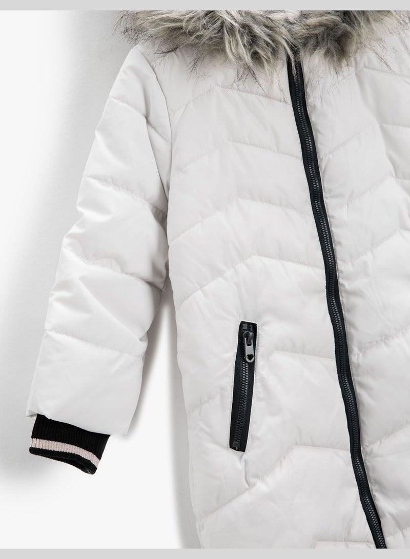 Puffer Long Coat Faux Fur Detail Hooded Zipper Pockets