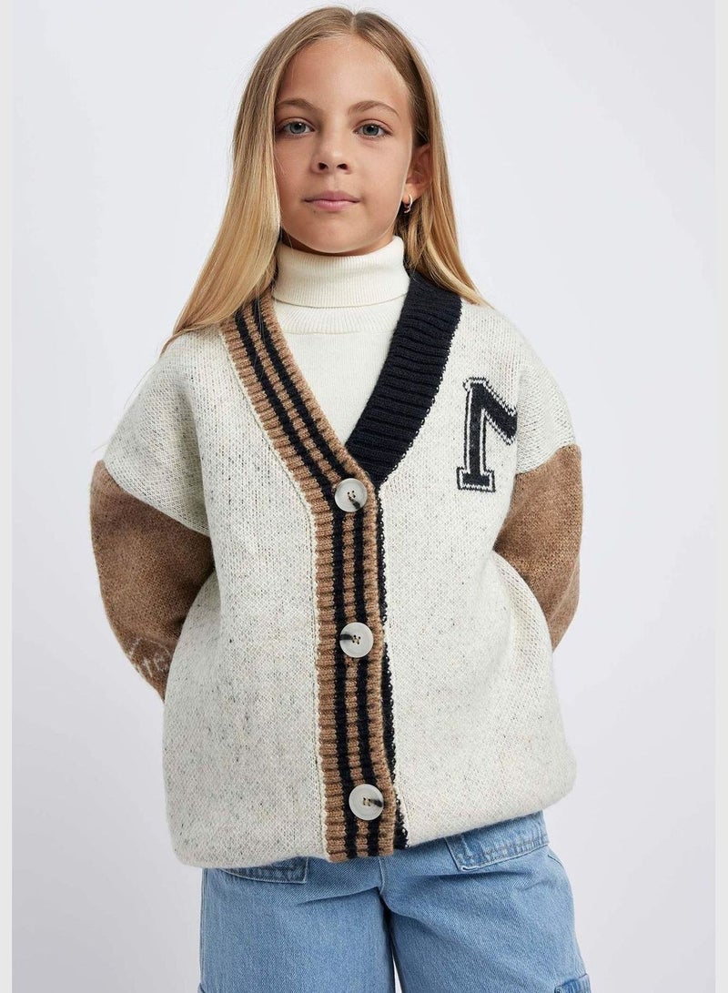 Girl V Neck Long Sleeve Tricot Cardigan