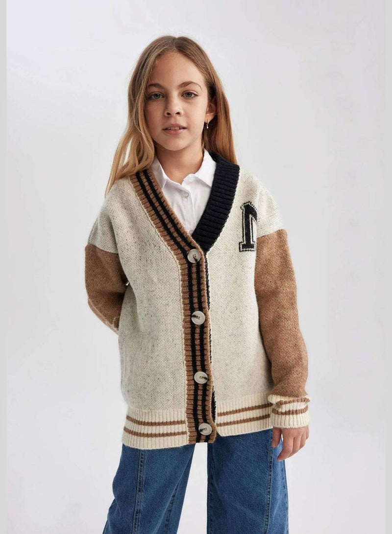 Girl V Neck Long Sleeve Tricot Cardigan