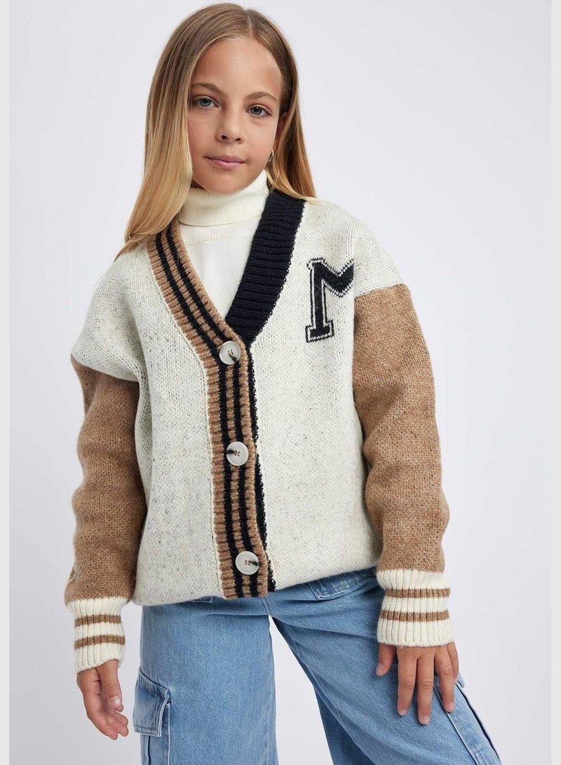 Girl V Neck Long Sleeve Tricot Cardigan