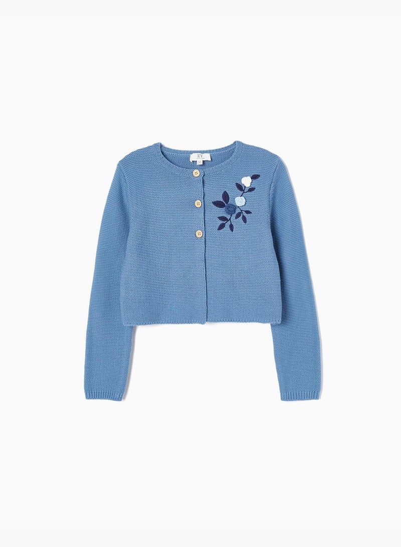 Zippy Cardigan With Flower Embroidery For Girls