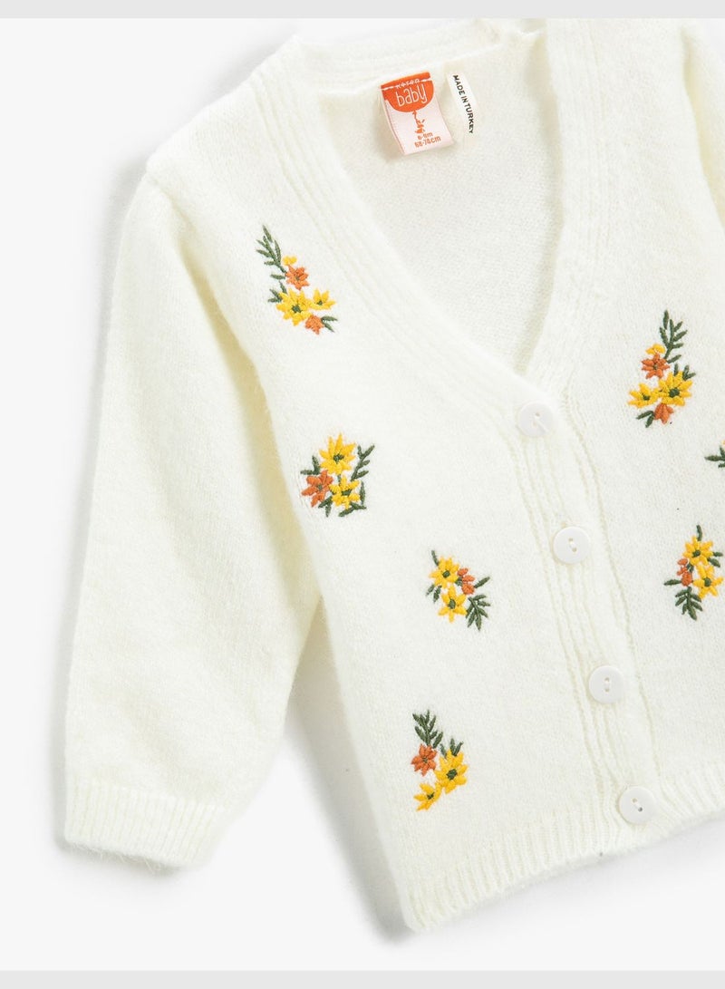 Floral Cardigan in Soft Pile Button Detail V Neck