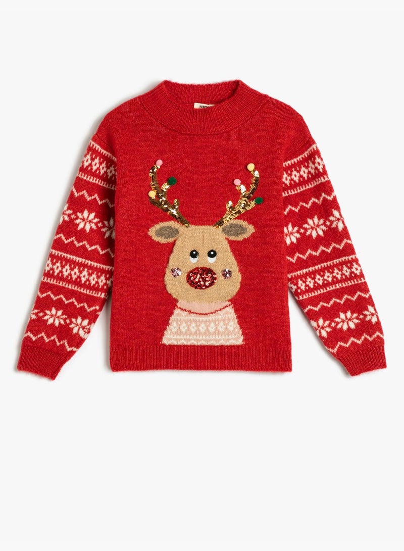 Christmas Sweater Deer Patterned Crew Neck Sequined Detail Soft Touch