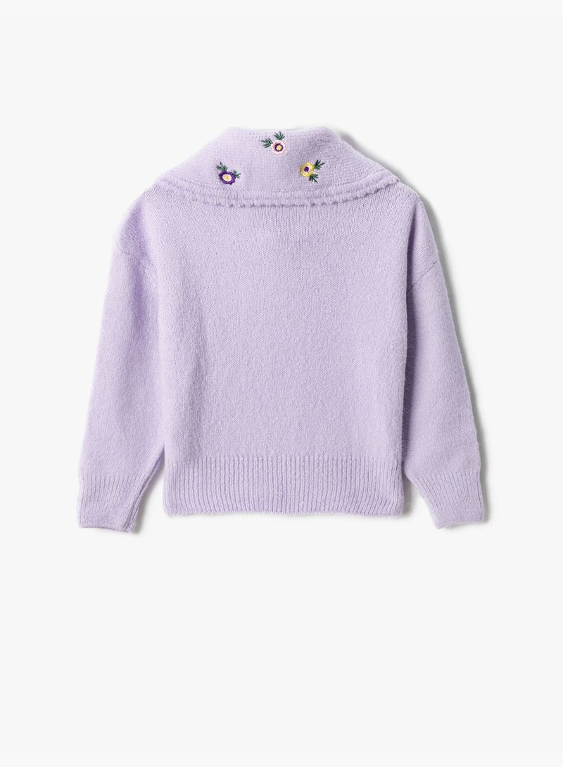 Embroidered Cable-Knit Sweater Soft Touch Wide Peter Pan Neck
