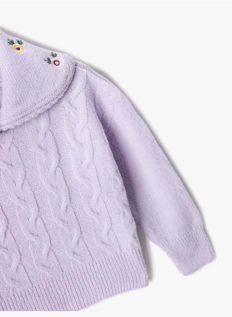 Embroidered Cable-Knit Sweater Soft Touch Wide Peter Pan Neck