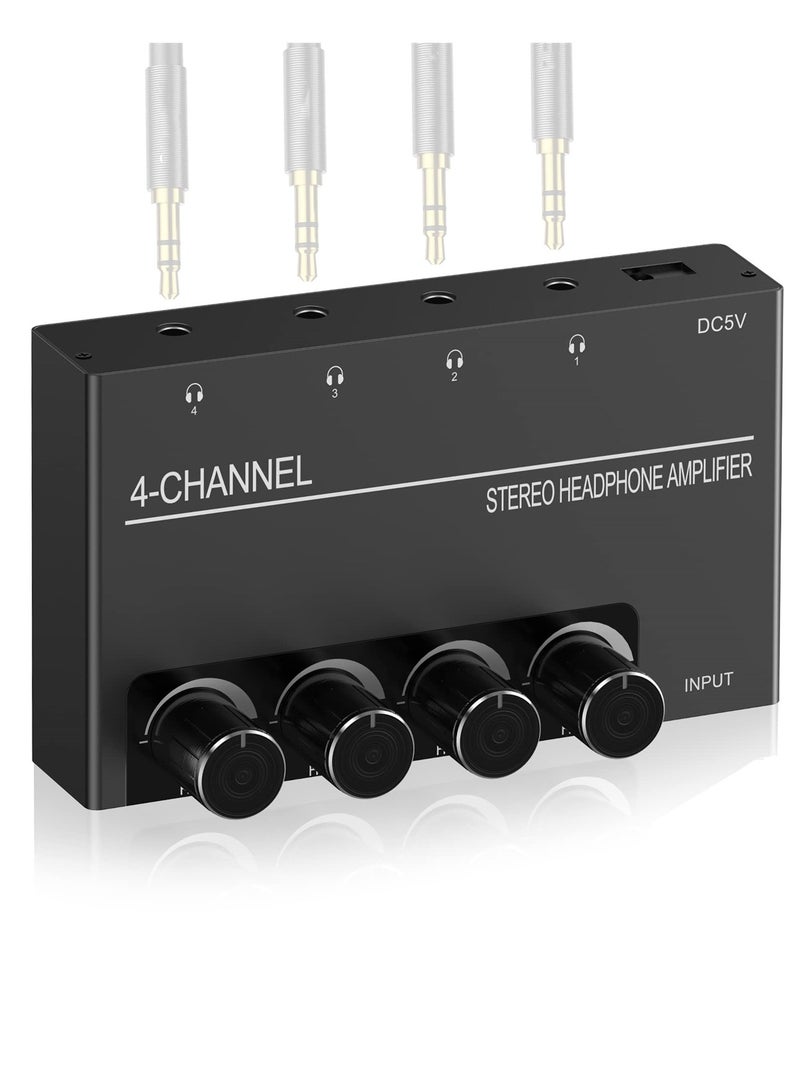4 Channel Headphone Amplifier, Stereo Audio Amp Splitter with 4 Headphones Output Jacks and Audio Input - Ideal for Music Sharing and DJ