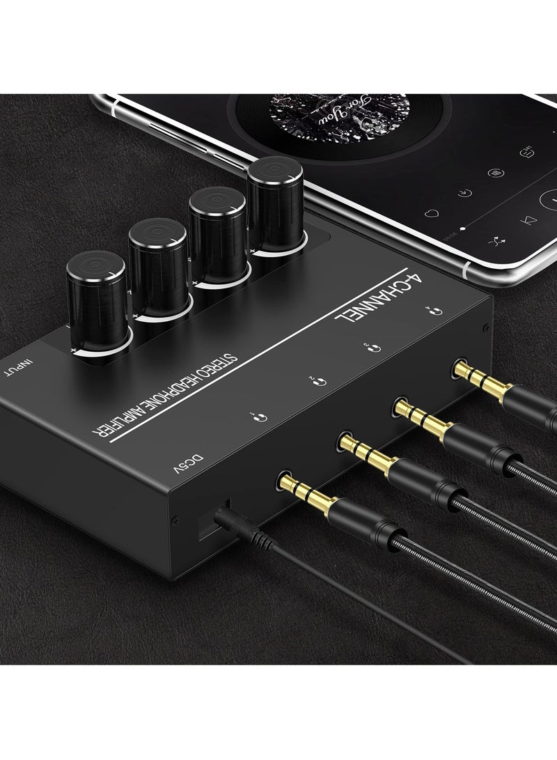 4 Channel Headphone Amplifier, Stereo Audio Amp Splitter with 4 Headphones Output Jacks and Audio Input - Ideal for Music Sharing and DJ