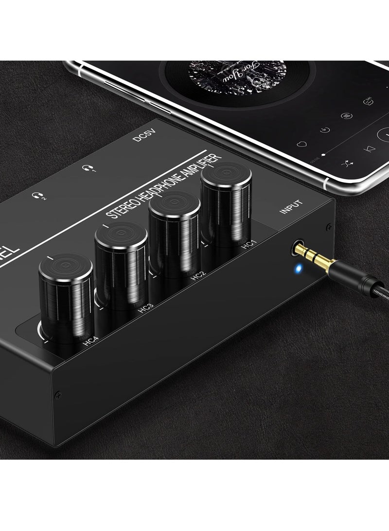 4 Channel Headphone Amplifier, Stereo Audio Amp Splitter with 4 Headphones Output Jacks and Audio Input - Ideal for Music Sharing and DJ