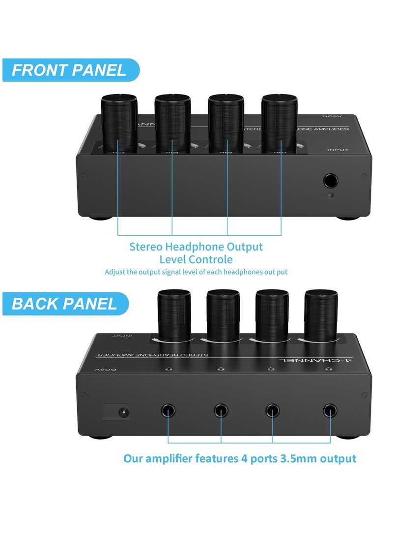 4 Channel Headphone Amplifier, Stereo Audio Amp Splitter with 4 Headphones Output Jacks and Audio Input - Ideal for Music Sharing and DJ