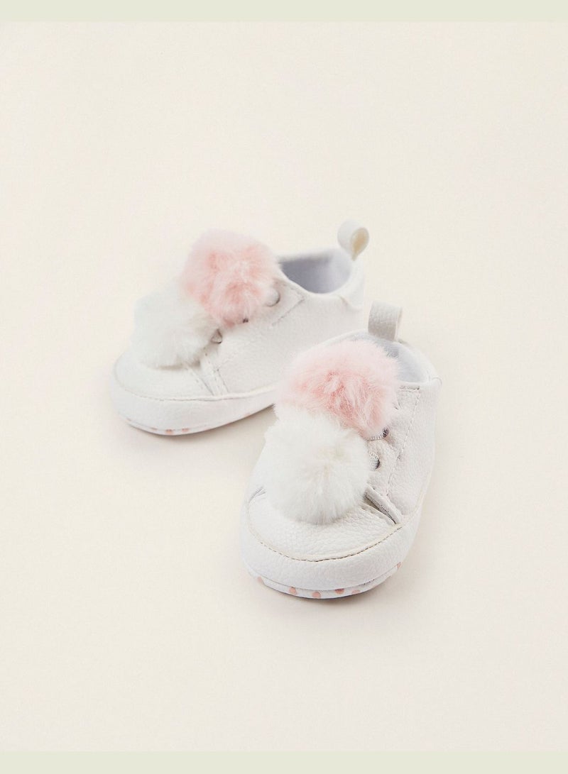 Zippy Trainers With Pompoms For Newborn Baby Girls - White Pink