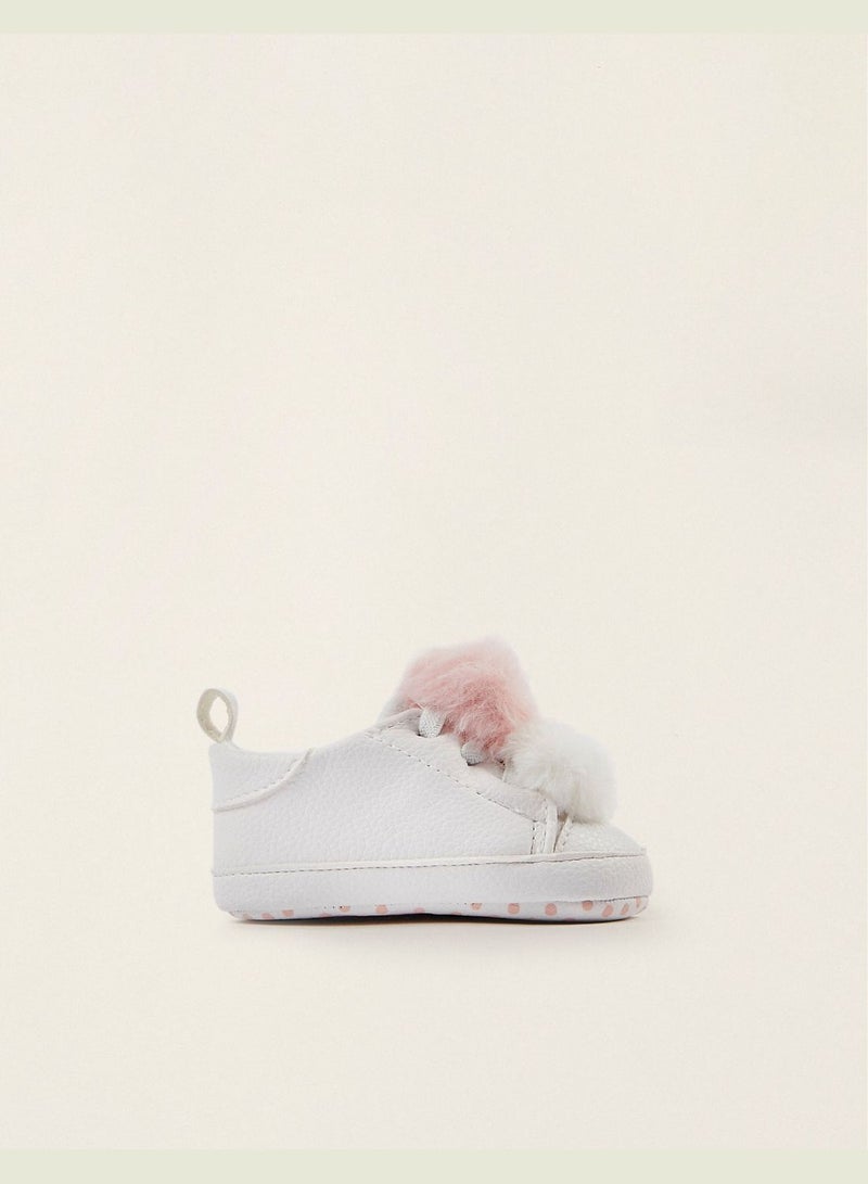 Zippy Trainers With Pompoms For Newborn Baby Girls - White Pink