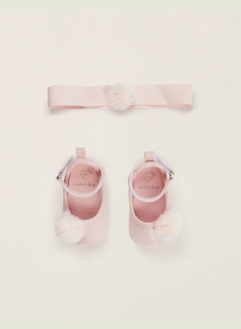 Zippy Ballet Pumps + Headband With Pompom For Newborn Baby Girls - Pink
