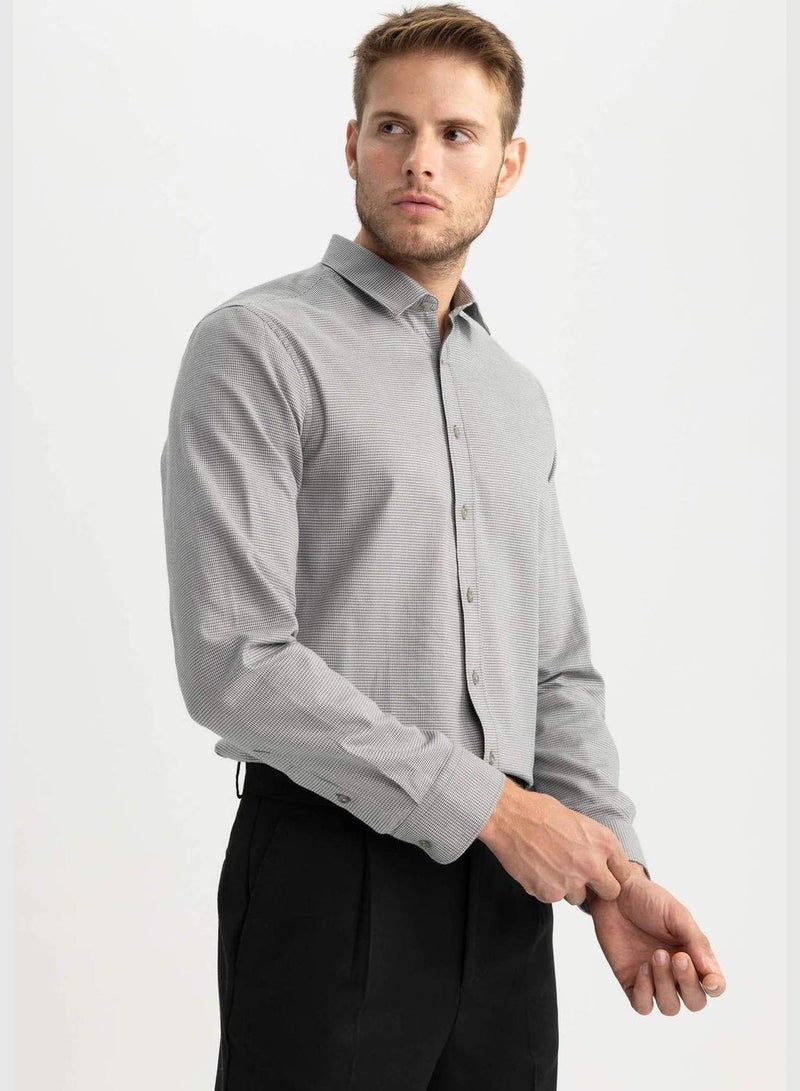 Man Woven Long Sleeve Shirt Slim Fit Polo Neck