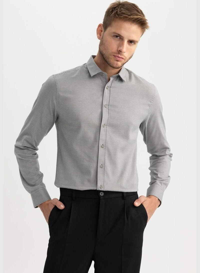 Man Woven Long Sleeve Shirt Slim Fit Polo Neck