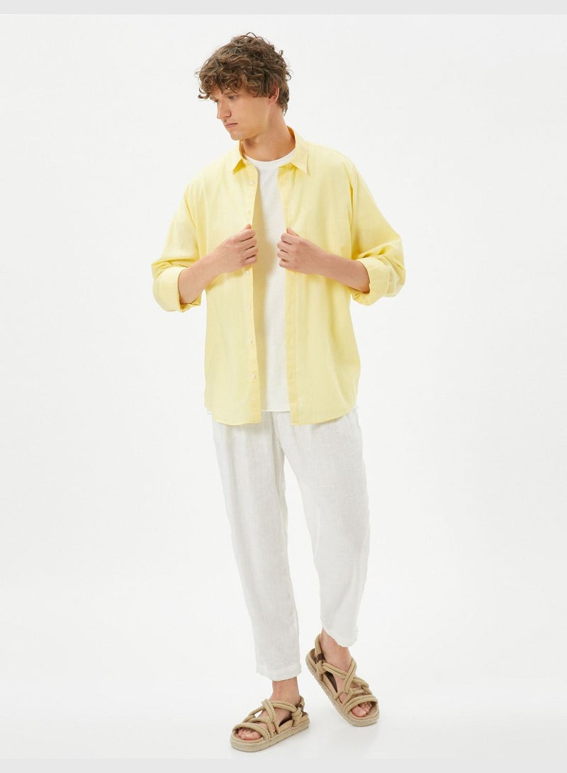 Linen Blend Shirt Classic Neck Long Sleeve