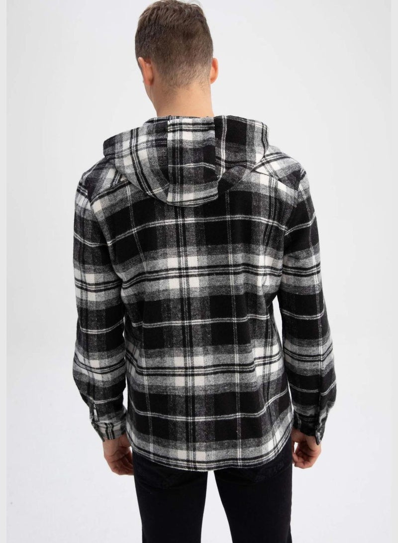 Long Sleeve Check Patterned Hooded Shirt