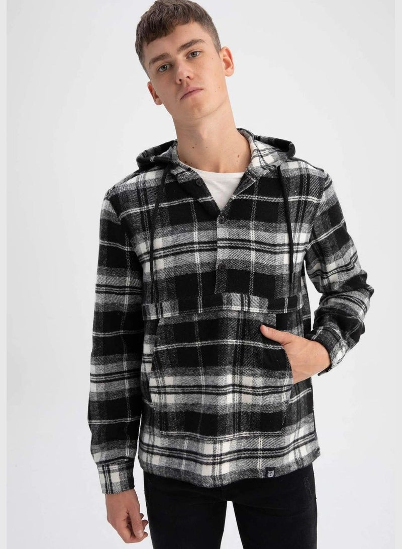 Long Sleeve Check Patterned Hooded Shirt