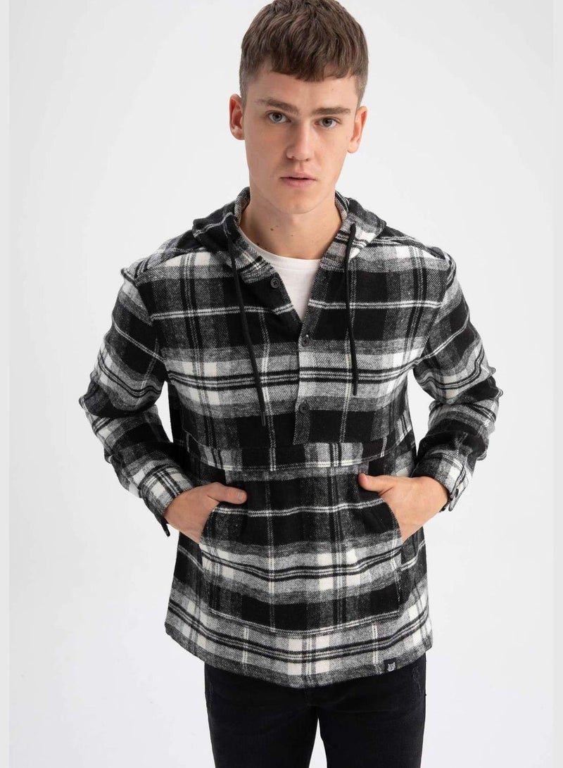 Long Sleeve Check Patterned Hooded Shirt