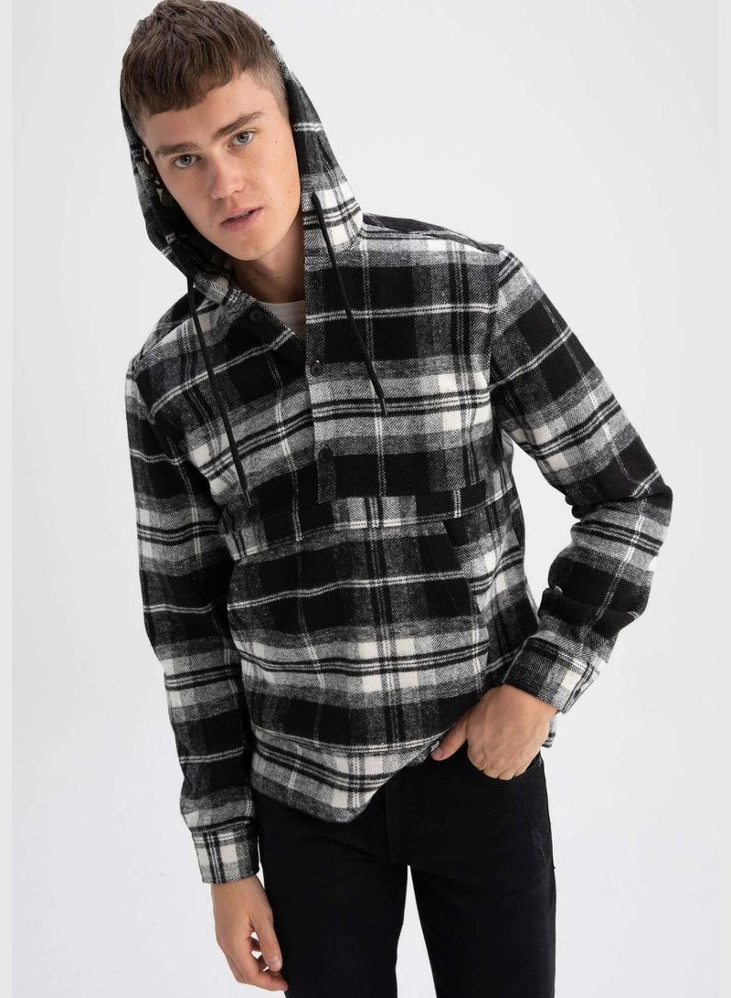 Long Sleeve Check Patterned Hooded Shirt