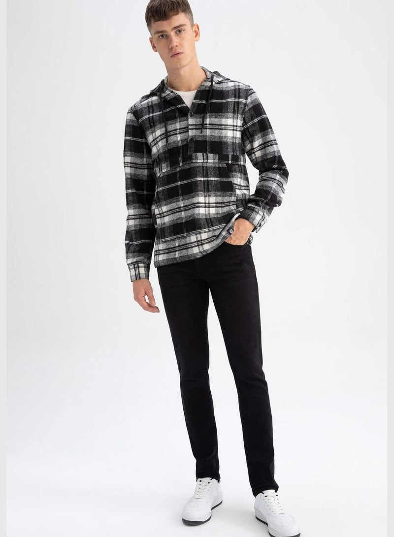 Long Sleeve Check Patterned Hooded Shirt