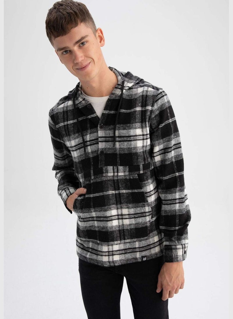 Long Sleeve Check Patterned Hooded Shirt