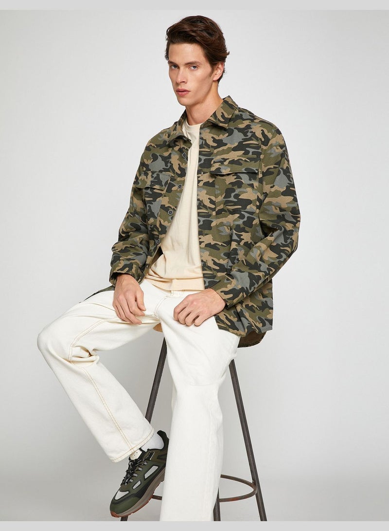 Camouflage Shirt Jacket Pocket Detailed Classic Neck