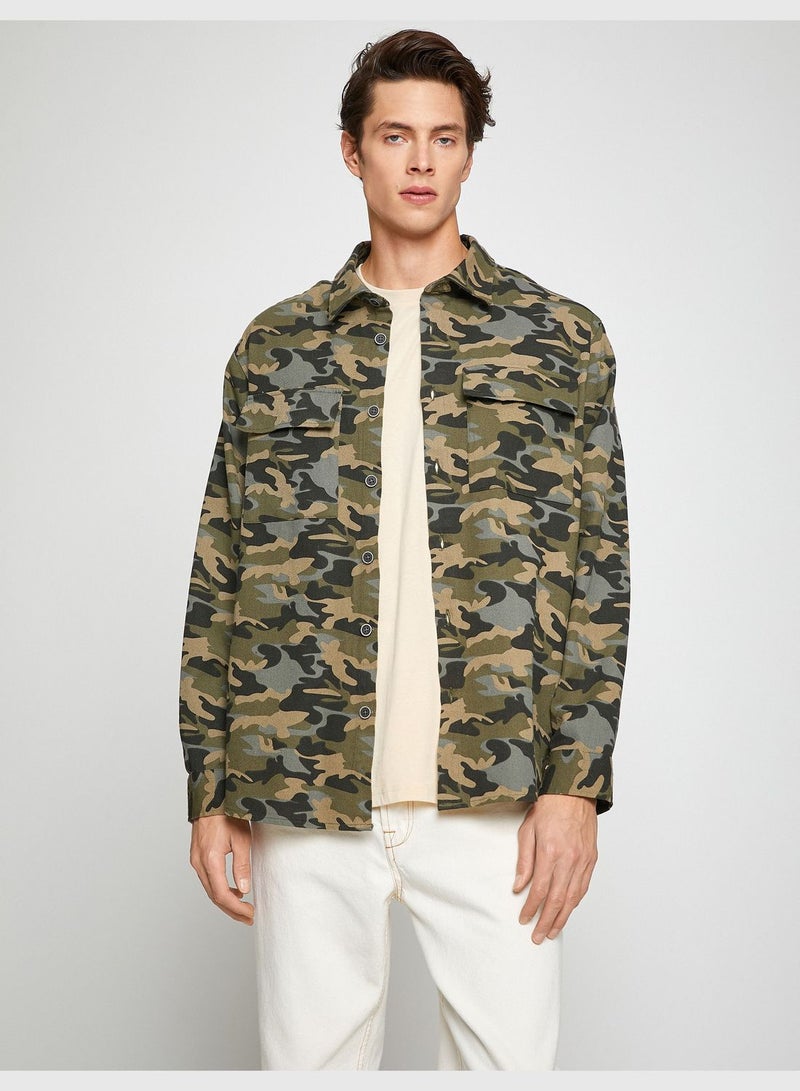 Camouflage Shirt Jacket Pocket Detailed Classic Neck