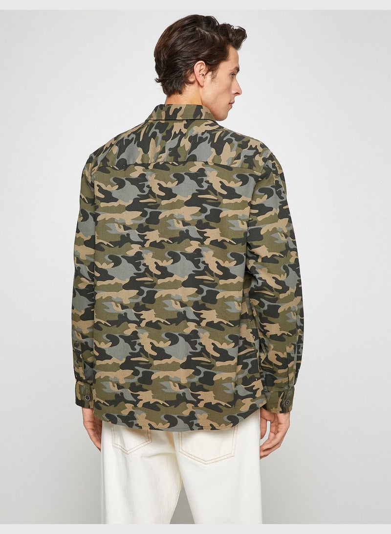 Camouflage Shirt Jacket Pocket Detailed Classic Neck