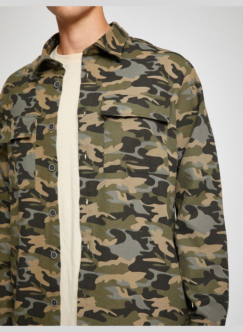 Camouflage Shirt Jacket Pocket Detailed Classic Neck