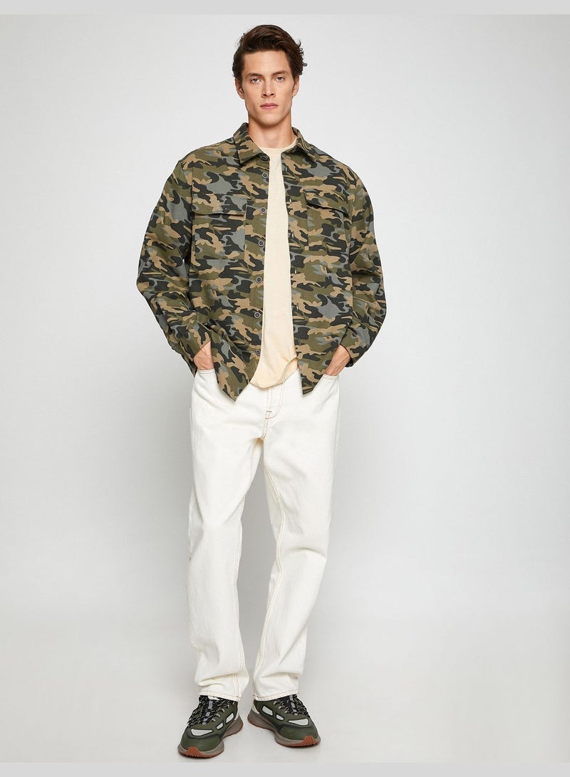 Camouflage Shirt Jacket Pocket Detailed Classic Neck