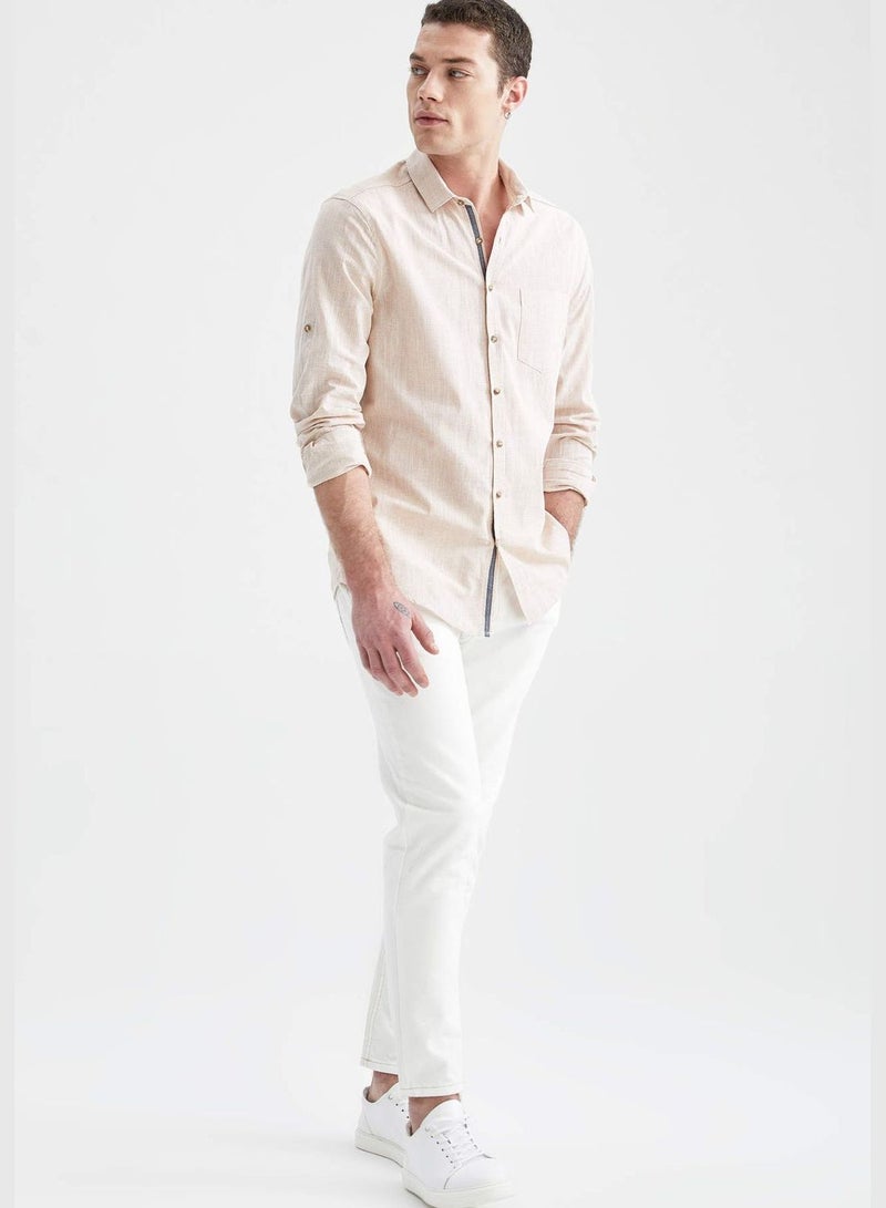 Slim Fit Basic Long Sleeve Cotton One Pocket Shirt