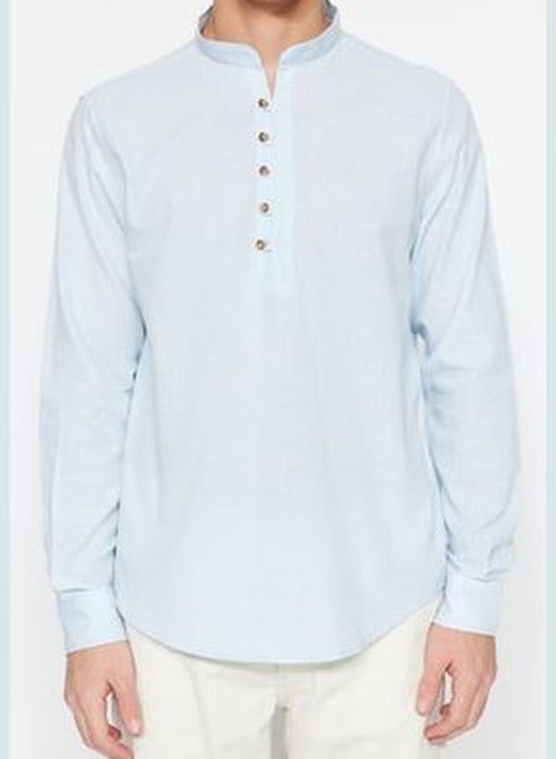 Blue Men's Slim Fit Shirt with Half-Pleats and Buttons, Wide Collar 100% Cotton TMNSS20GO0097