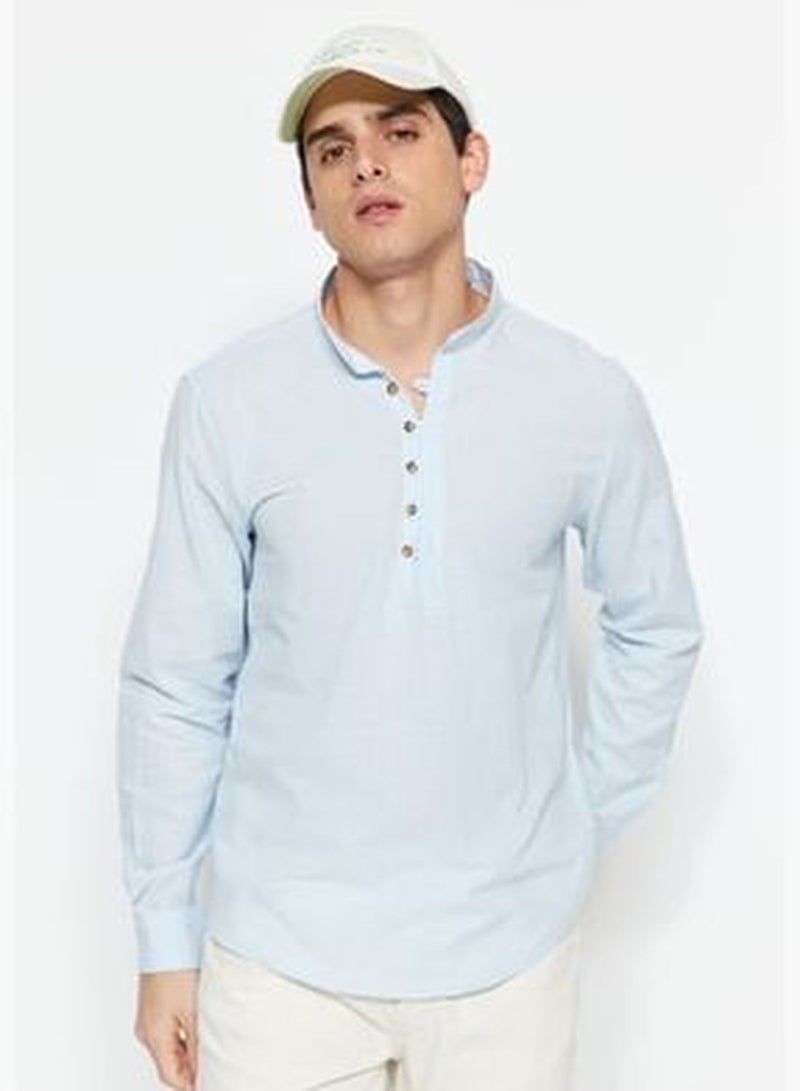 Blue Men's Slim Fit Shirt with Half-Pleats and Buttons, Wide Collar 100% Cotton TMNSS20GO0097