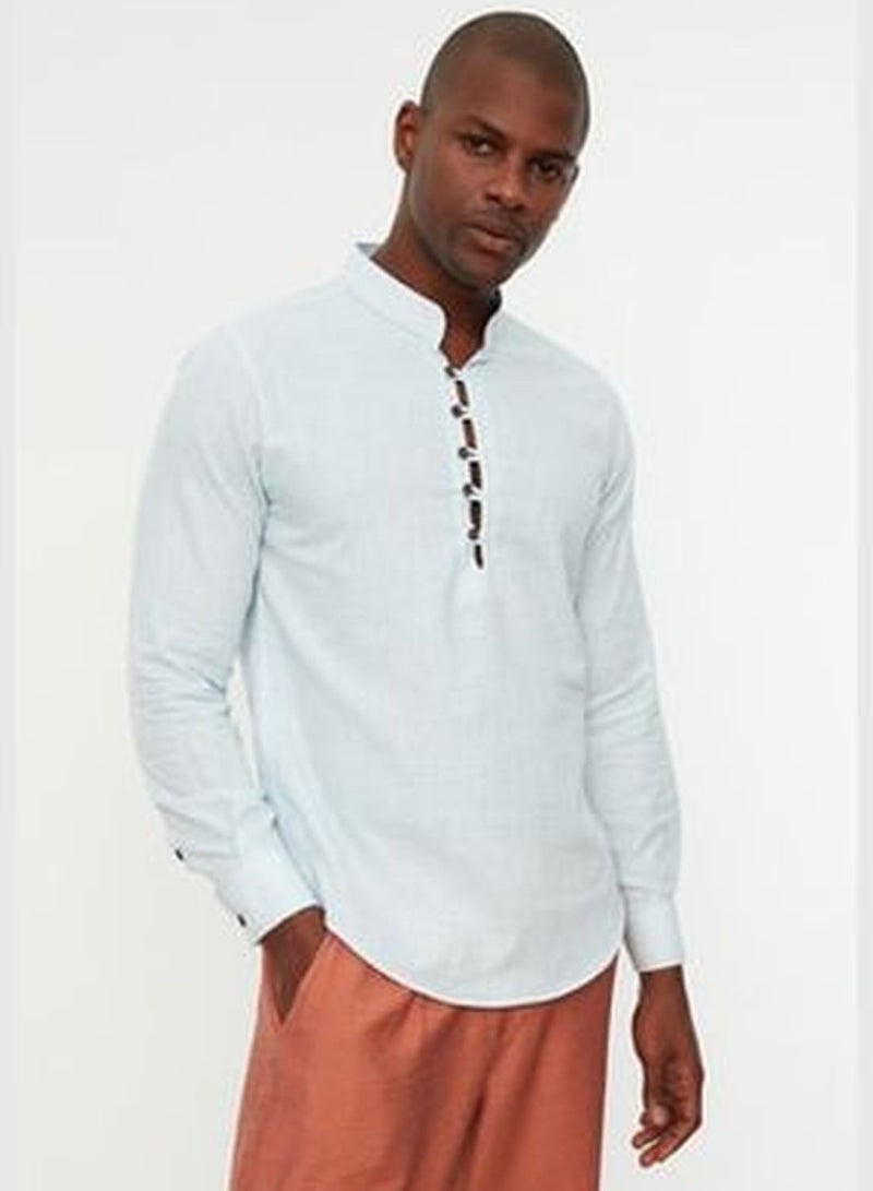 Blue Men's Slim Fit Shirt with Half-Pleats and Buttons, Wide Collar 100% Cotton TMNSS20GO0097