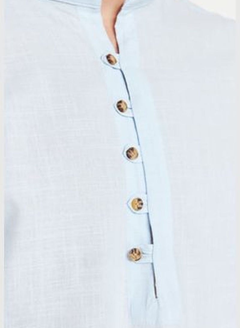 Blue Men's Slim Fit Shirt with Half-Pleats and Buttons, Wide Collar 100% Cotton TMNSS20GO0097